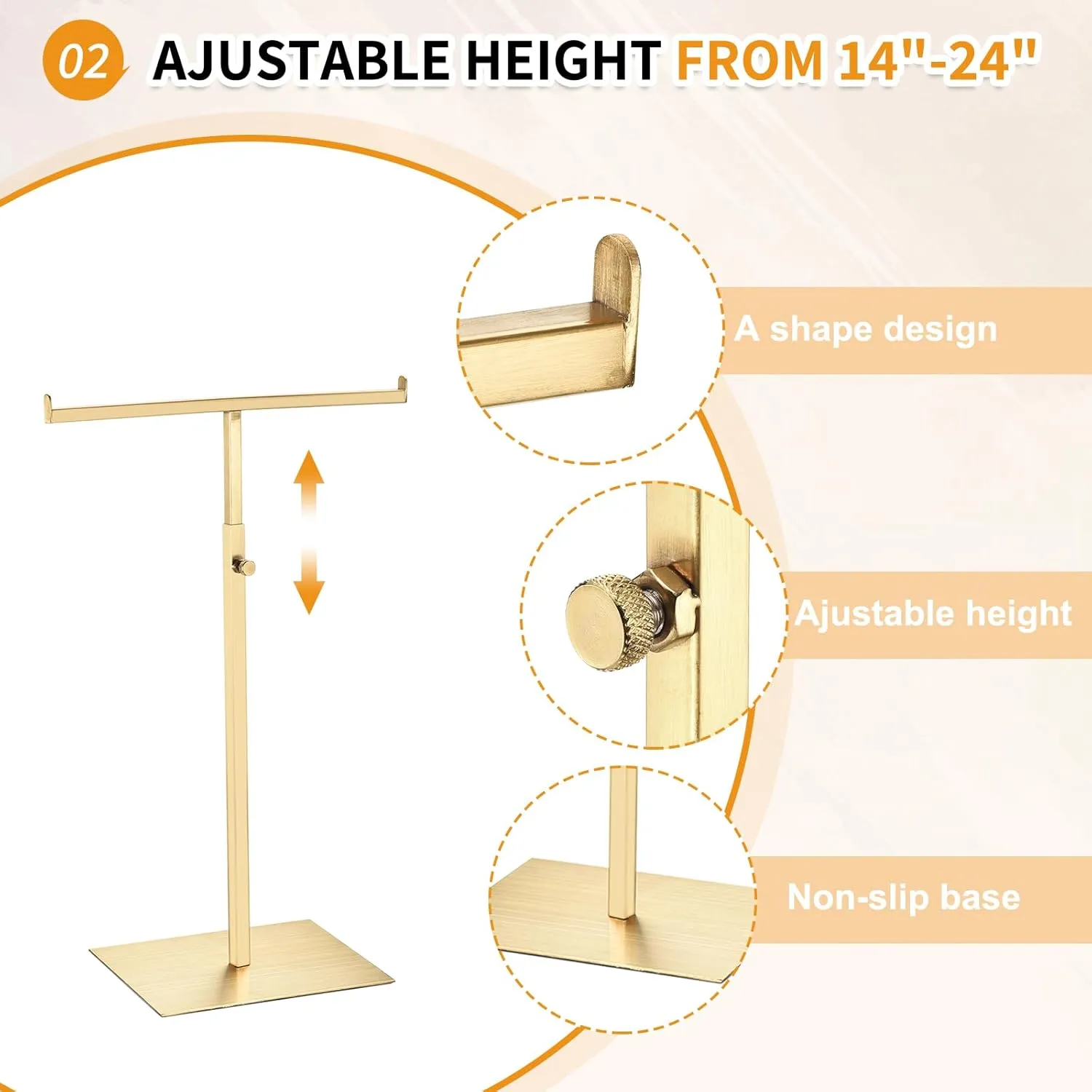 1 Pack - Stainless Steel T-Shaped Purse Display Stand, 385-640mm Adjustable Height Double Hook Handbag Rack Appropriate for Boutique Store, Gold
