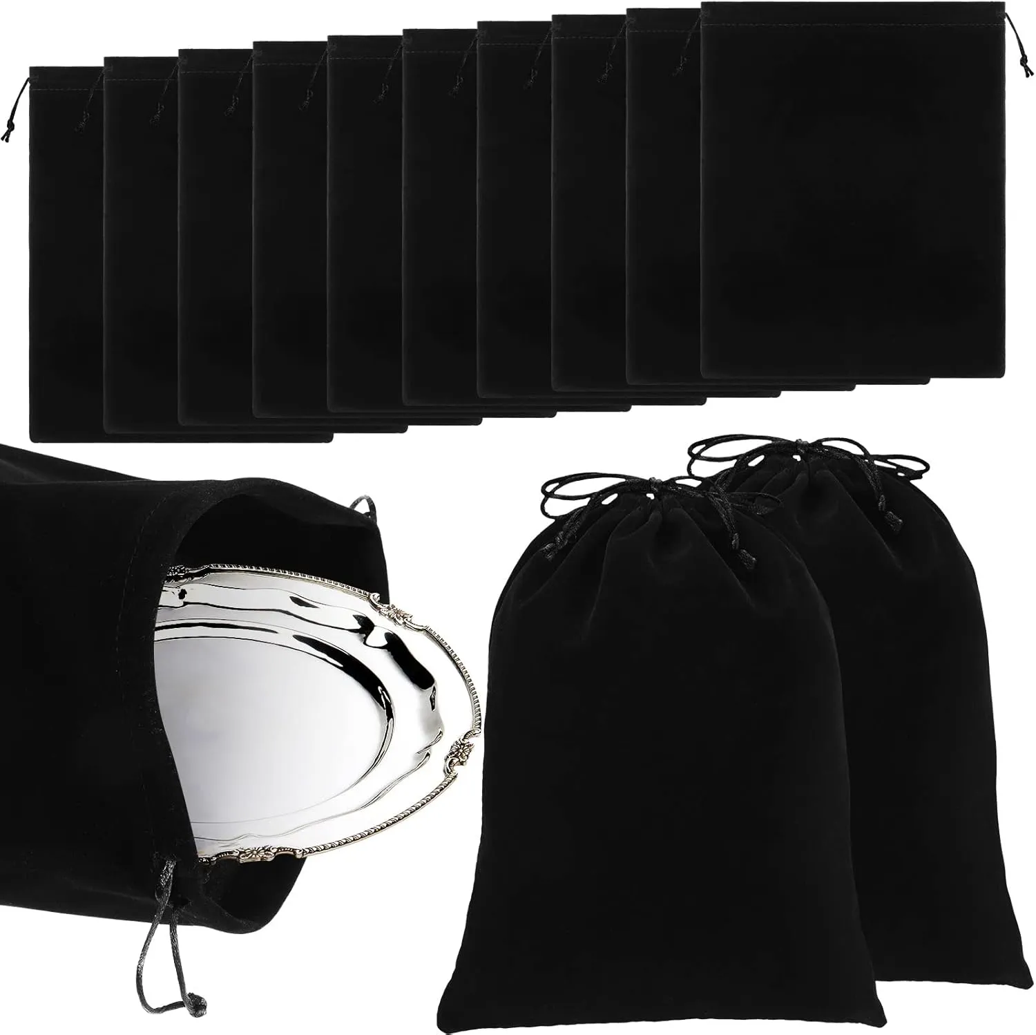 10 Pcs Silver Storage Bags, 9 x 11.8 Inch Fabric Cloth Anti Tarnish Bags for Silver Jewelry Silverware Protection Flatware Silverplate Tarnish Cleaning(Black)