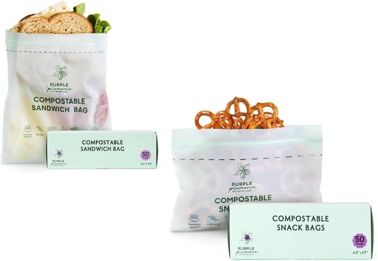 100% Certified Compostable Snack & Sandwich Bags (50 50 Counts), Resealable BioBased Bags, Leak Proof And Freezer Safe, Extra Strength Storage Bags, (Snack & Sandwich)