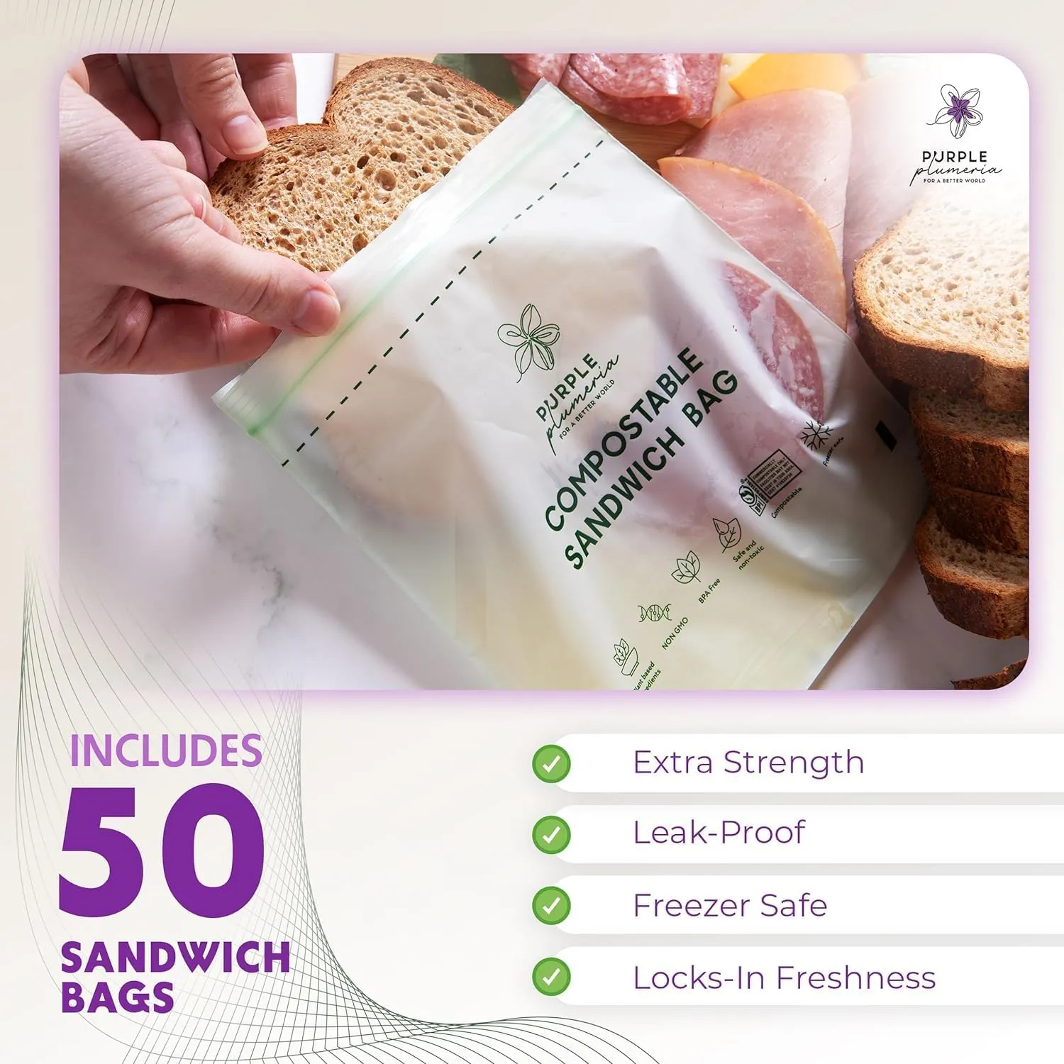100% Certified Compostable Snack & Sandwich Bags (50 50 Counts), Resealable BioBased Bags, Leak Proof And Freezer Safe, Extra Strength Storage Bags, (Snack & Sandwich)