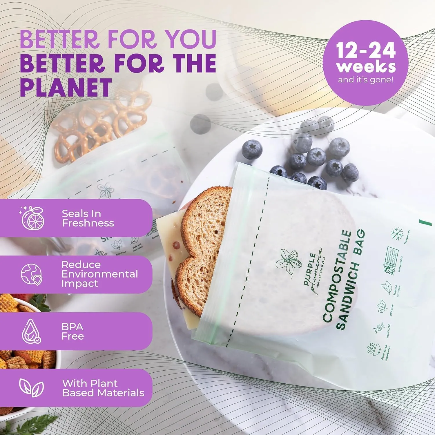 100% Certified Compostable Snack & Sandwich Bags (50 50 Counts), Resealable BioBased Bags, Leak Proof And Freezer Safe, Extra Strength Storage Bags, (Snack & Sandwich)