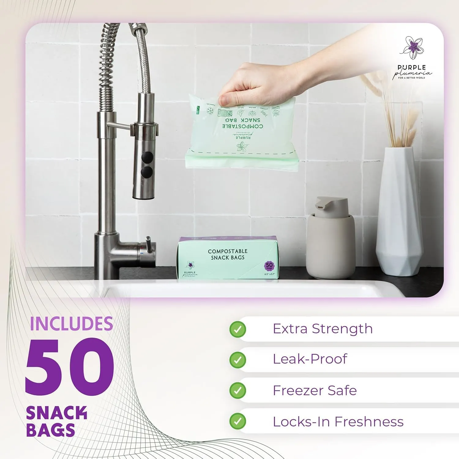 100% Certified Compostable Snack & Sandwich Bags (50 50 Counts), Resealable BioBased Bags, Leak Proof And Freezer Safe, Extra Strength Storage Bags, (Snack & Sandwich)