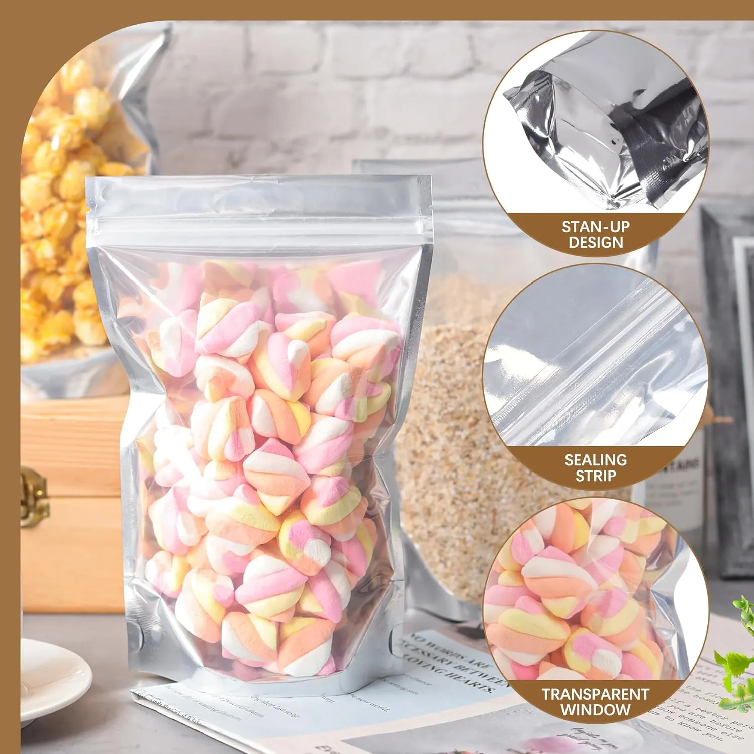 100 PACK Mylar Bags for Food Storage and Resealable for Small Business Packaging Supplies Great for Party Favor Food Storage (Silver,5x8Inches)