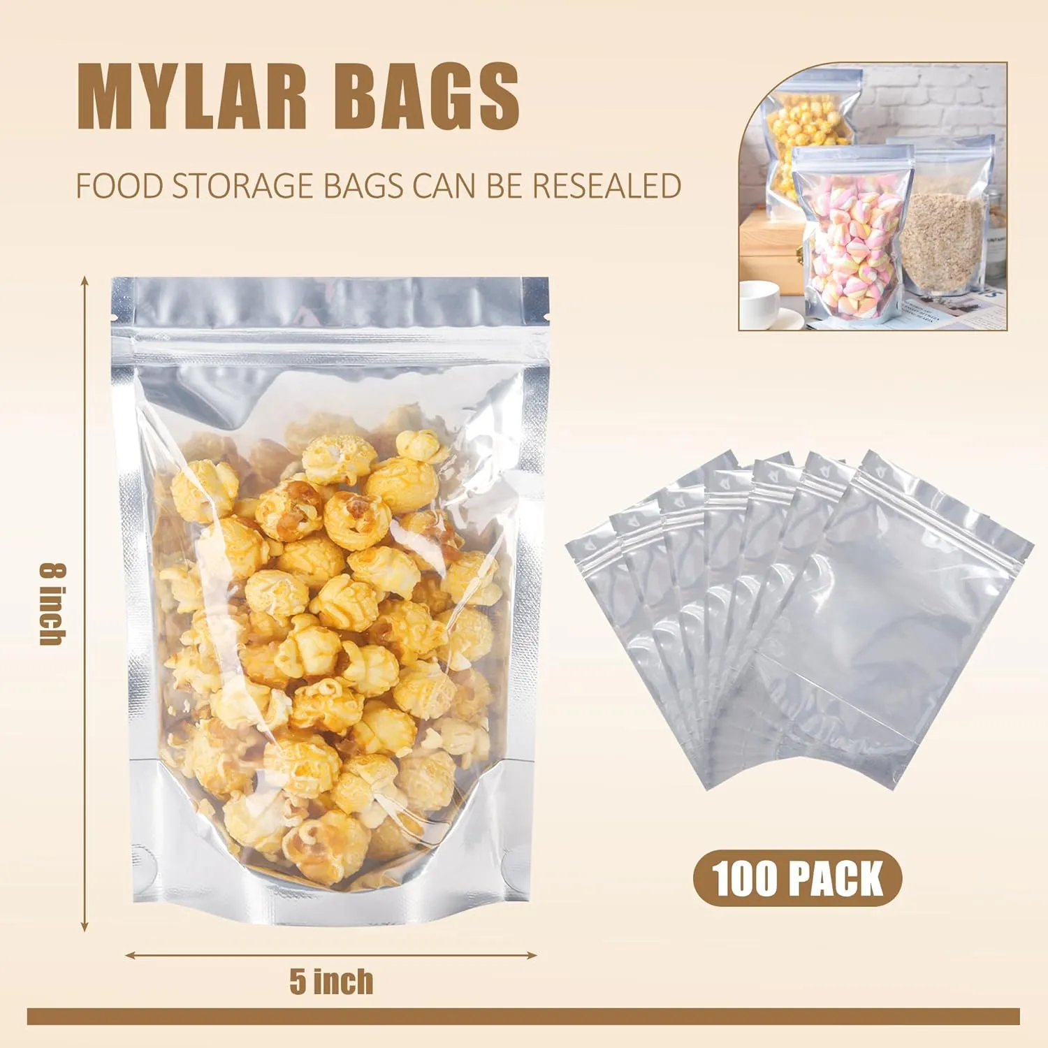 100 PACK Mylar Bags for Food Storage and Resealable for Small Business Packaging Supplies Great for Party Favor Food Storage (Silver,5x8Inches)