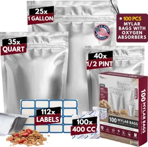 100 Pack Mylar Bags with Oxygen Absorbers - 10.6 MIL Thick 3 Sizes - 25x1 Gallon 35x1 Quart 40x1/2 Pint - Resealable Bags with 100 Oxygen Absorbers for Food Storage & 112 Labels, Sealable Smell Proof