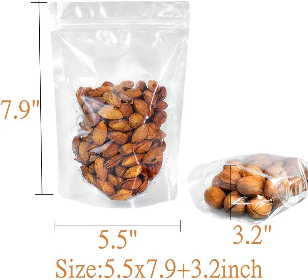 100 Pack Reusable Clear Stand Up Mylar Food Storage Bags, 5.9x8.7 3.2inch, Polyethylene (PE) Mylar Bags Made of Premium PE, Self Seal, BPA Free