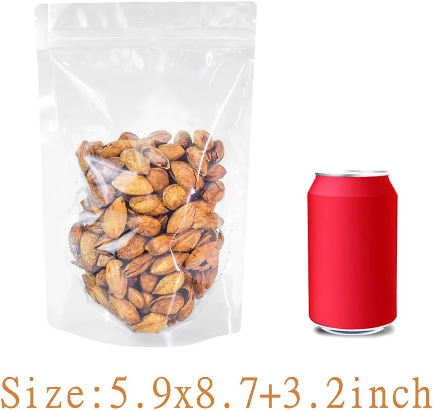100 Pack Reusable Clear Stand Up Mylar Food Storage Bags, 5.9x8.7 3.2inch, Polyethylene (PE) Mylar Bags Made of Premium PE, Self Seal, BPA Free
