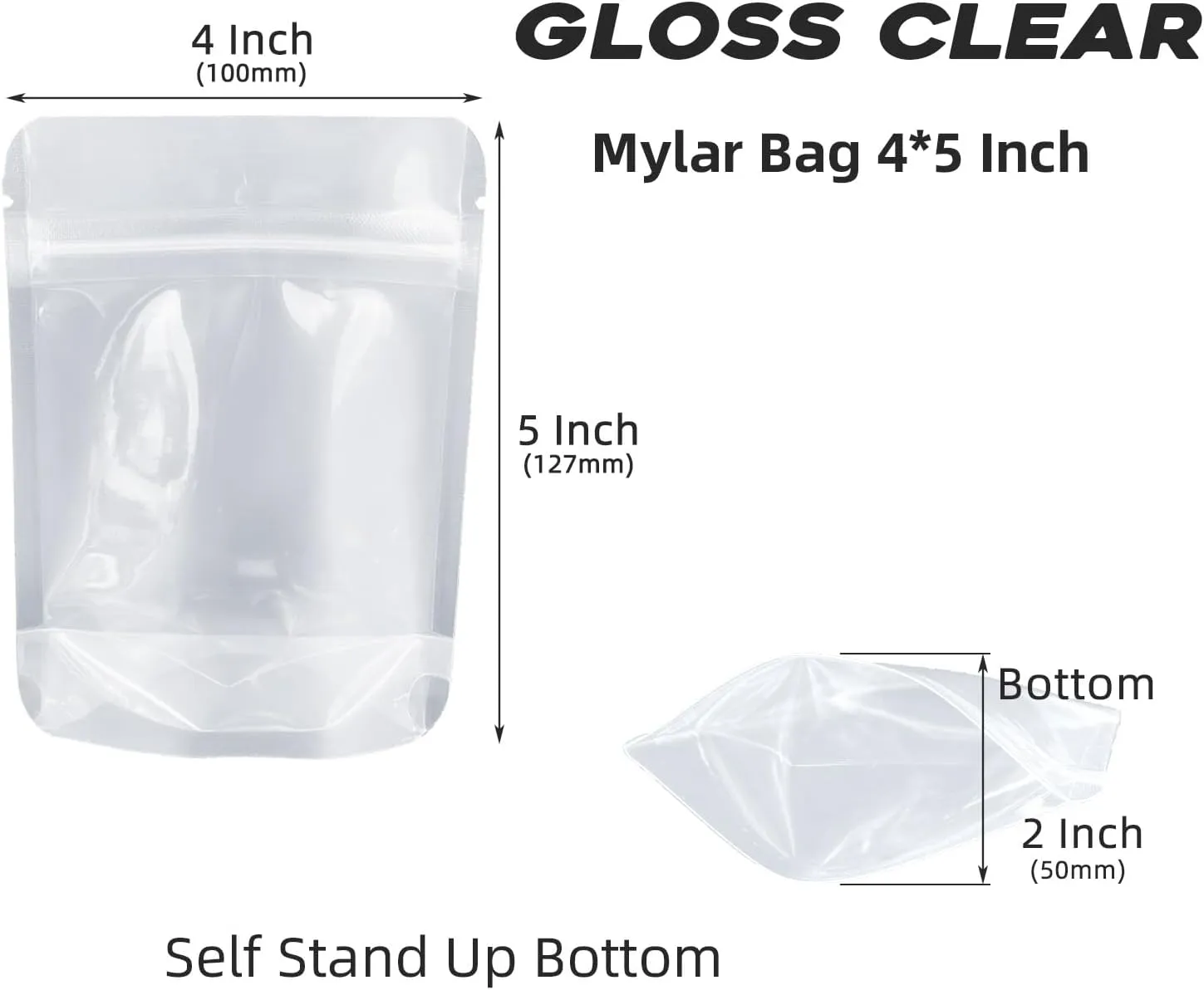100 Pack Stand Up Pouch Bags, Zip Lock Resealable Plastic Bags for Food Storage, Heat Sealable Packaging Baggies 4 x 5 Inches Clear