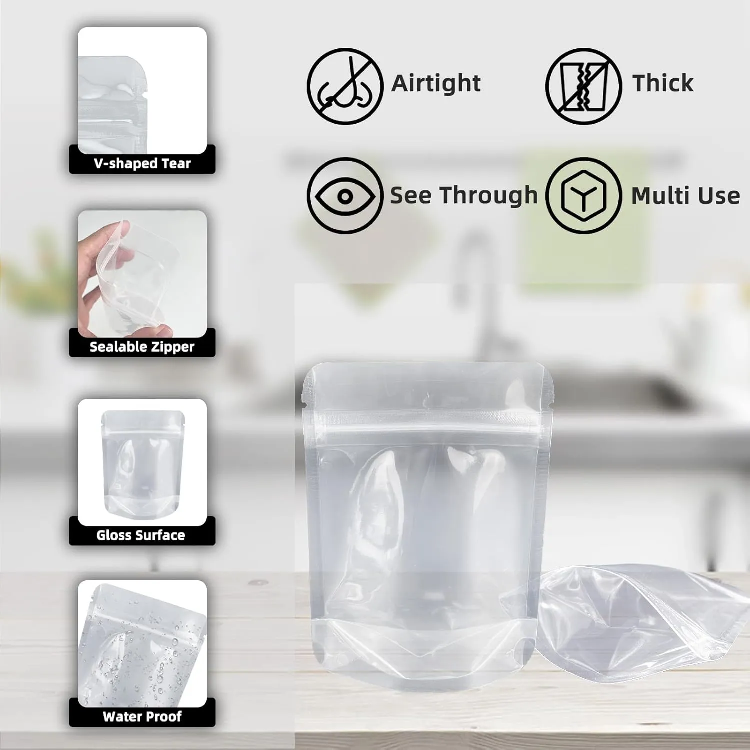 100 Pack Stand Up Pouch Bags, Zip Lock Resealable Plastic Bags for Food Storage, Heat Sealable Packaging Baggies 4 x 5 Inches Clear