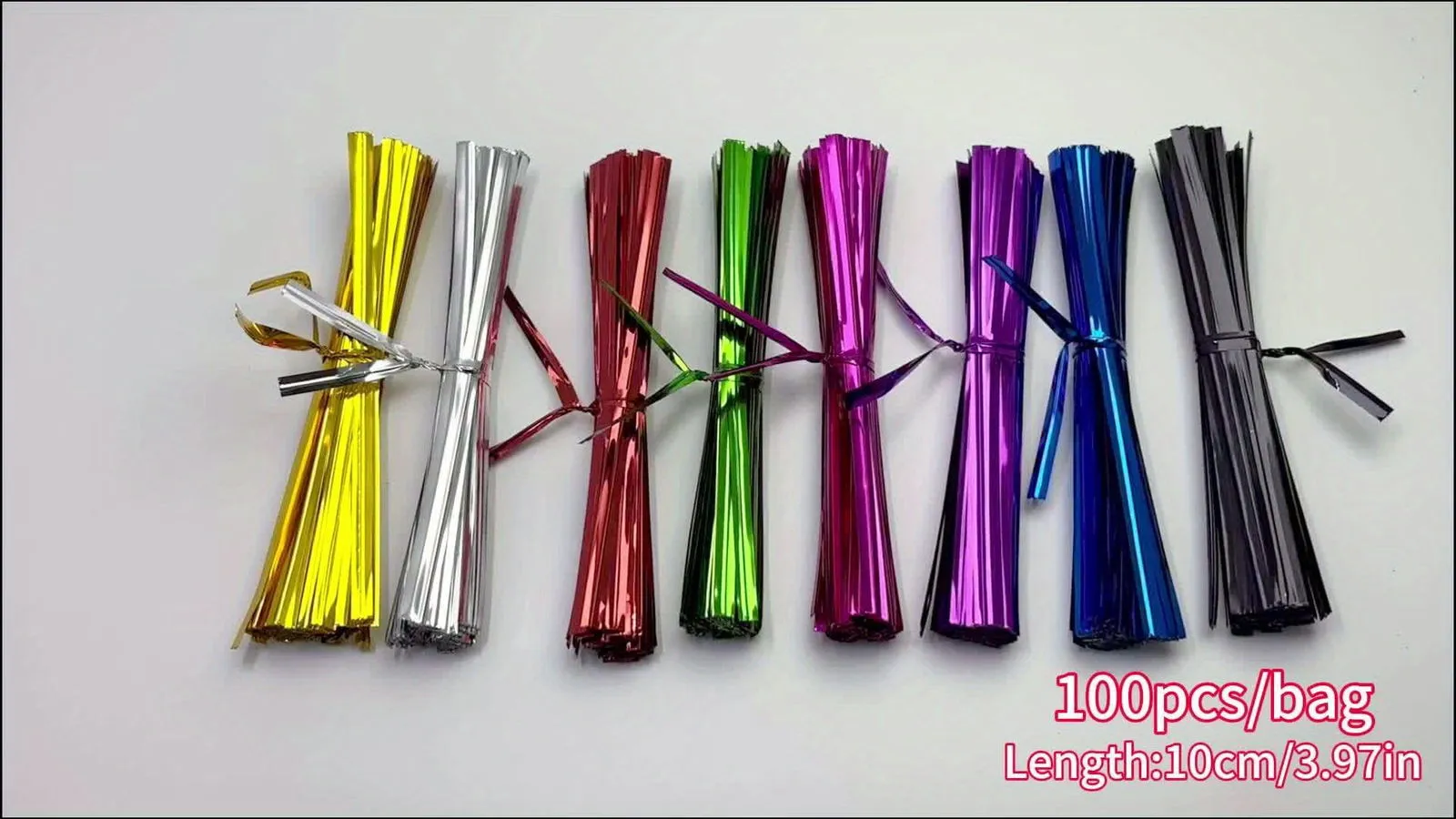 100 Pcs Metallic Twist Ties : Colored Spiral Ties for Cellophane Party Bags and Candy Bags - 10cm/3.97in, Available in 8 Colors