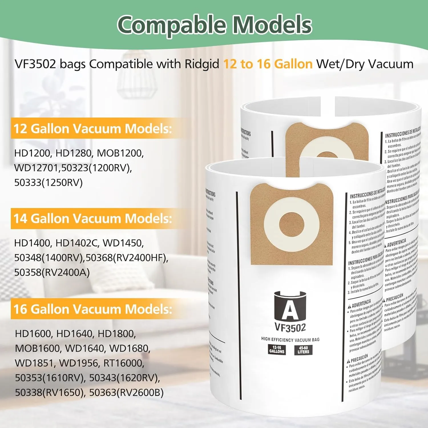 12 Pack 23743 VF3502 Vacuum Bags Compatible with Ridgid 12 to 16 Gallon Wet Dry Vacuums, High Efficiency Replacement Filter Bags for Model WD1950 WD1956 WD1850 WD1851 RV2400HF WD1450 WD1680 WD1270