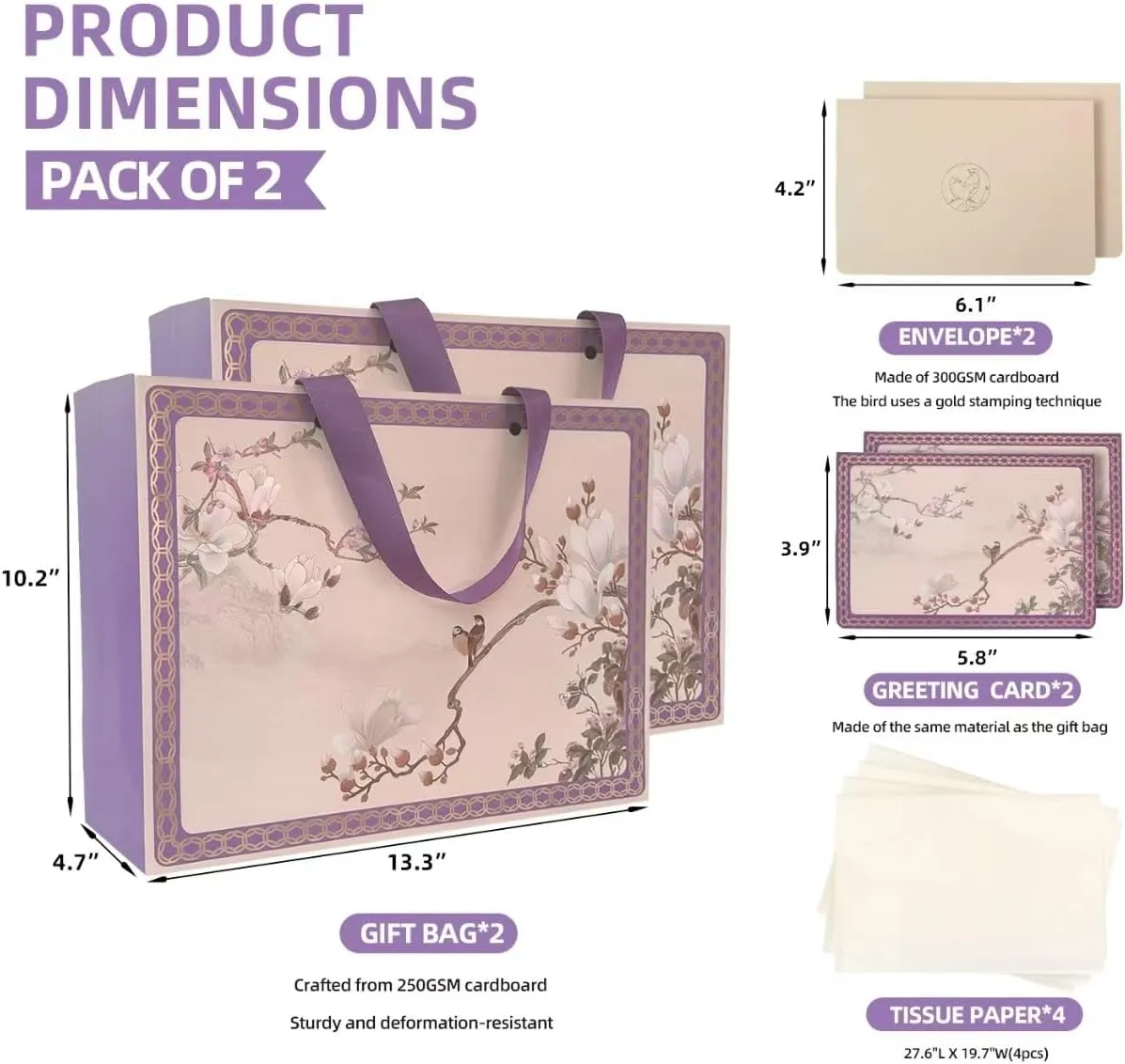 13"Large Chinese-style Gift Bag with Tissue Paper,Cards,Envelope and Handles For Birthday Party, Weddings, Mothers Day,Baby Shower,Party Favor,Holiday Presents（Purple,Gorgeous,premium,Flowers) (2-PCS Purple)