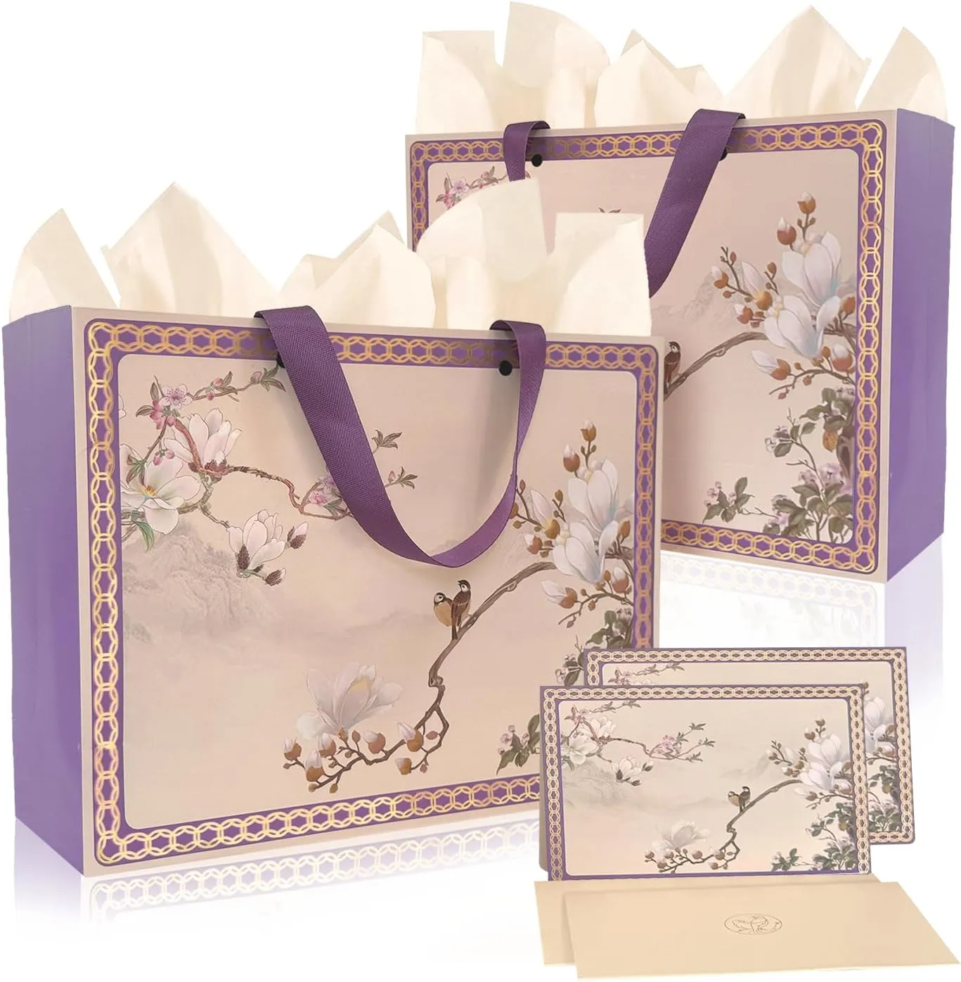 13"Large Chinese-style Gift Bag with Tissue Paper,Cards,Envelope and Handles For Birthday Party, Weddings, Mothers Day,Baby Shower,Party Favor,Holiday Presents（Purple,Gorgeous,premium,Flowers) (2-PCS Purple)