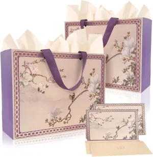 13"Large Chinese-style Gift Bag with Tissue Paper,Cards,Envelope and Handles For Birthday Party, Weddings, Mothers Day,Baby Shower,Party Favor,Holiday Presents（Purple,Gorgeous,premium,Flowers) (2-PCS Purple)