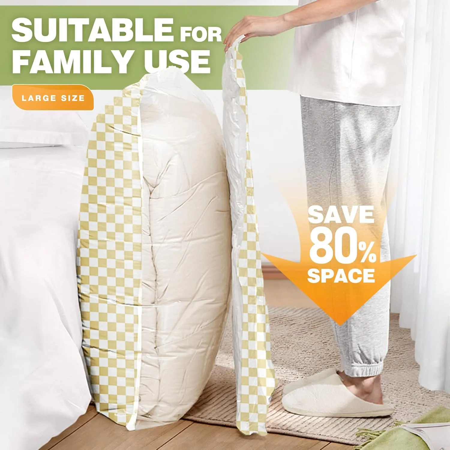 14 Pack Vacuum Storage Bags,Vacuum Seal Bags for Clothing with Hand Pump, 2 Jumbo 4 Large 3 Medium 5 Small, 80% Space Saver Bags for Luggage,Comforters,Blankets, Home Travel Essentials(Khaki Check)