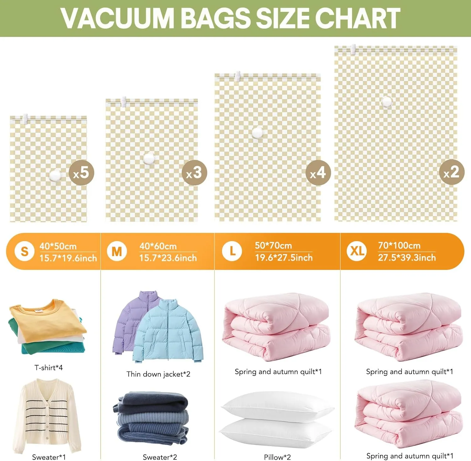 14 Pack Vacuum Storage Bags,Vacuum Seal Bags for Clothing with Hand Pump, 2 Jumbo 4 Large 3 Medium 5 Small, 80% Space Saver Bags for Luggage,Comforters,Blankets, Home Travel Essentials(Khaki Check)