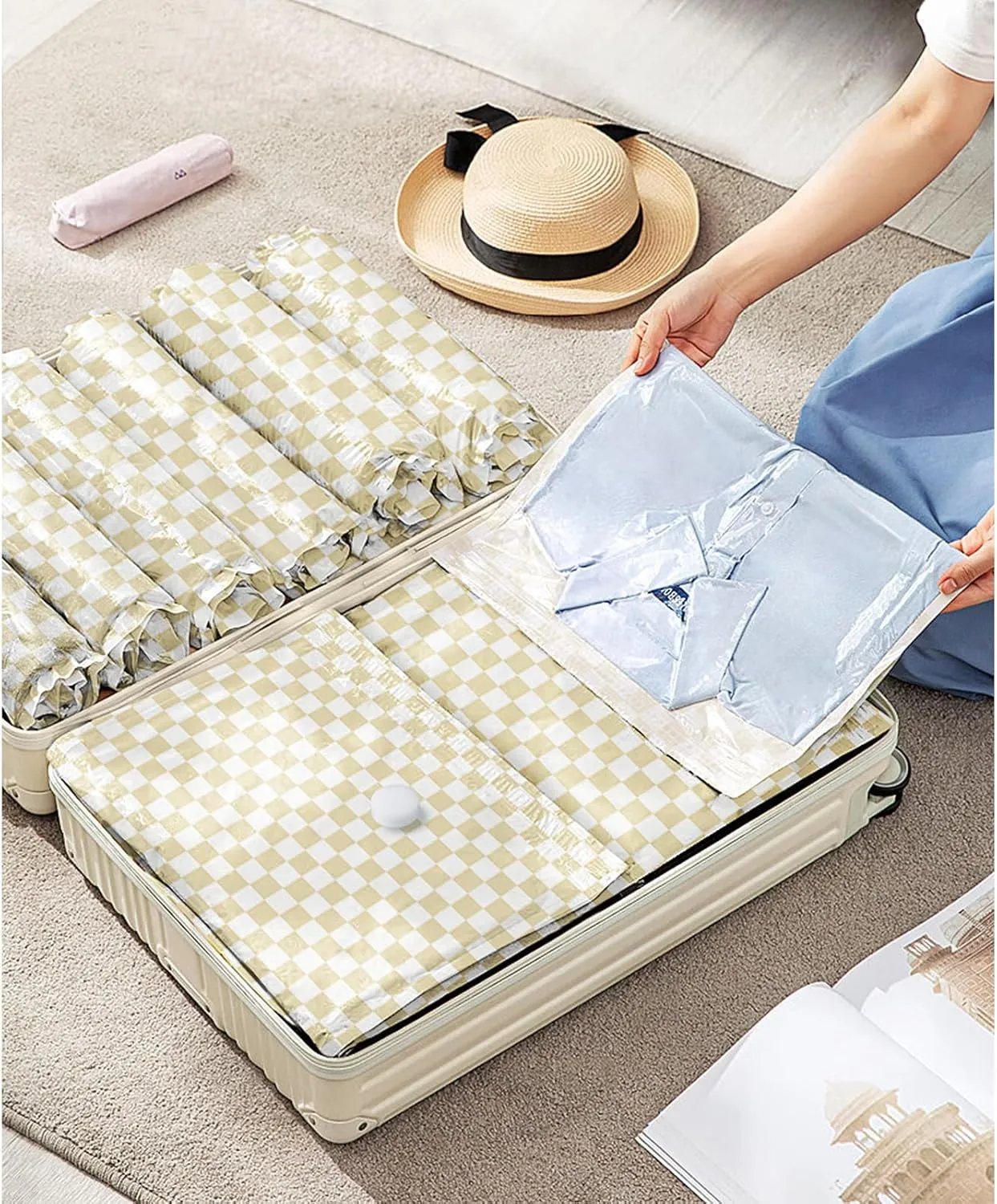14 Pack Vacuum Storage Bags,Vacuum Seal Bags for Clothing with Hand Pump, 2 Jumbo 4 Large 3 Medium 5 Small, 80% Space Saver Bags for Luggage,Comforters,Blankets, Home Travel Essentials(Khaki Check)