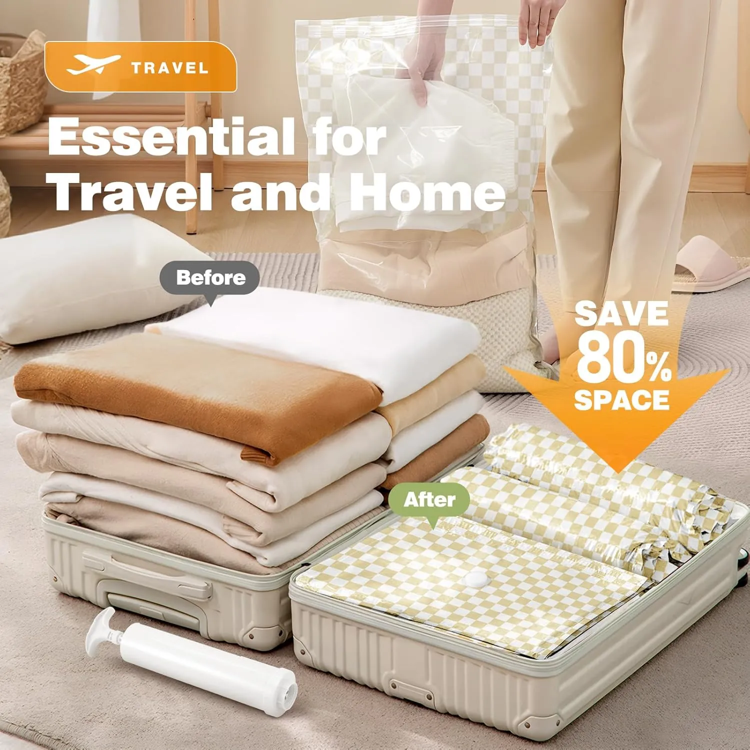 14 Pack Vacuum Storage Bags,Vacuum Seal Bags for Clothing with Hand Pump, 2 Jumbo 4 Large 3 Medium 5 Small, 80% Space Saver Bags for Luggage,Comforters,Blankets, Home Travel Essentials(Khaki Check)