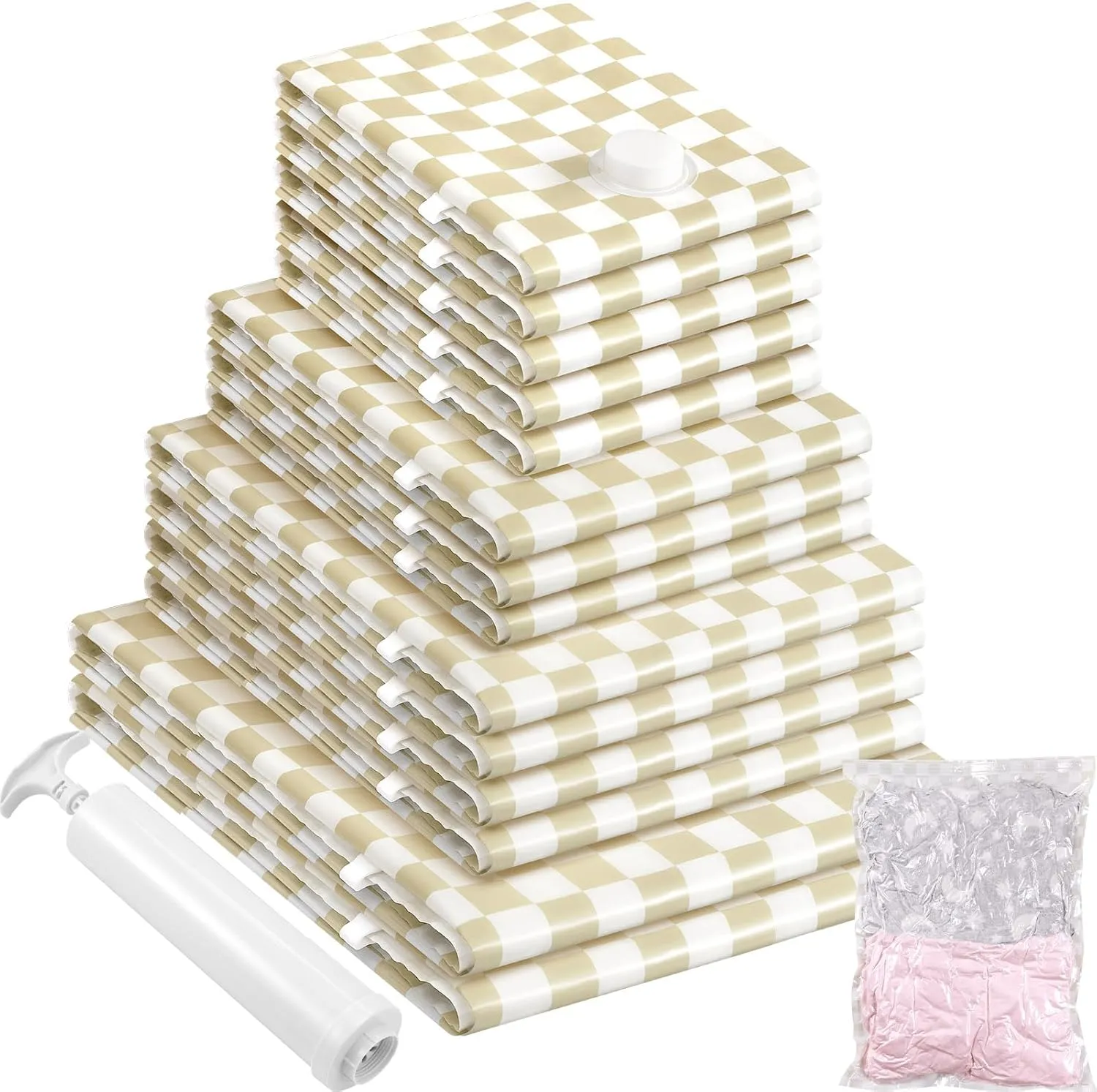 14 Pack Vacuum Storage Bags,Vacuum Seal Bags for Clothing with Hand Pump, 2 Jumbo 4 Large 3 Medium 5 Small, 80% Space Saver Bags for Luggage,Comforters,Blankets, Home Travel Essentials(Khaki Check)