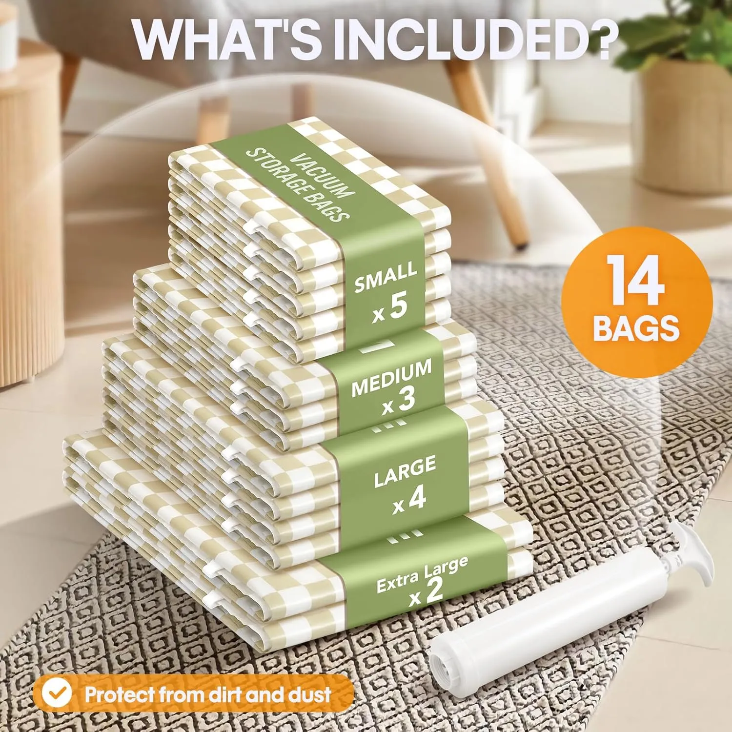 14 Pack Vacuum Storage Bags,Vacuum Seal Bags for Clothing with Hand Pump, 2 Jumbo 4 Large 3 Medium 5 Small, 80% Space Saver Bags for Luggage,Comforters,Blankets, Home Travel Essentials(Khaki Check)