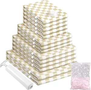 14 Pack Vacuum Storage Bags,Vacuum Seal Bags for Clothing with Hand Pump, 2 Jumbo 4 Large 3 Medium 5 Small, 80% Space Saver Bags for Luggage,Comforters,Blankets, Home Travel Essentials(Khaki Check)
