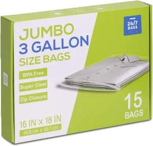 15 Count - Large Plastic Zip Bags, 3 Gallon Size (16" x 18"), Jumbo Storage Bags, 3 Mils, Food-Contact Safe, BPA-Free, Ideal for Seasonal Items, Clothes, Moving, and Other Storage Needs
