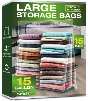 15 Gallon Large Storage Bags, 3.5 Mil Thick Clear Plastic Zipper Bags with Handles, 24" x 24" Large Heavy Duty for Home, Travel, and Moving (15 Packs)