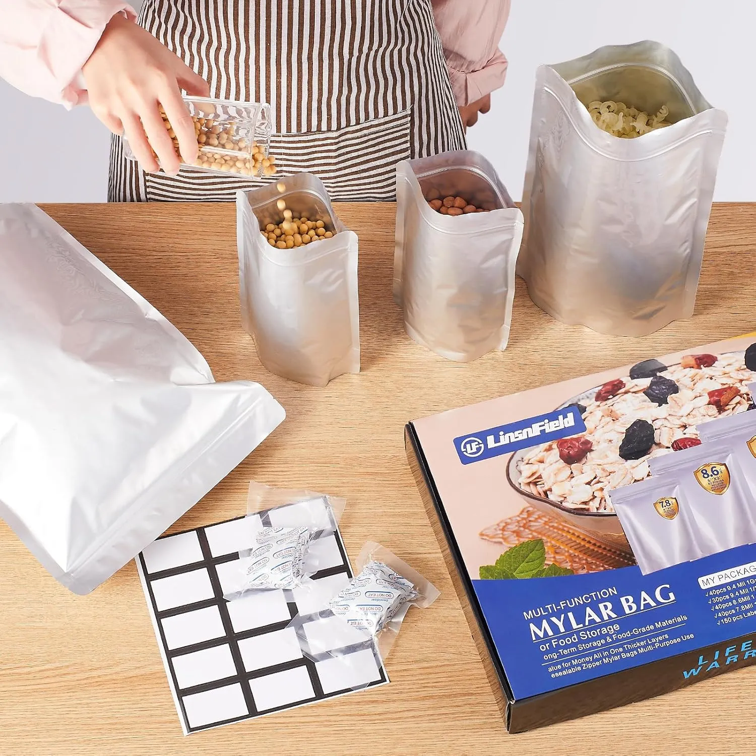 150PCS Mylar Bag Bundle, 4 Multi-Size Pouches(9.4Mil), 100x500cc Oxygen Absorbers, 150 Labels, Heat Sealable, Food Safe, BPA-Free – for Strong, Secure Long Term Food Storage, Silver