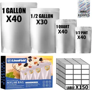 150PCS Mylar Bag Bundle, 4 Multi-Size Pouches(9.4Mil), 100x500cc Oxygen Absorbers, 150 Labels, Heat Sealable, Food Safe, BPA-Free – for Strong, Secure Long Term Food Storage, Silver