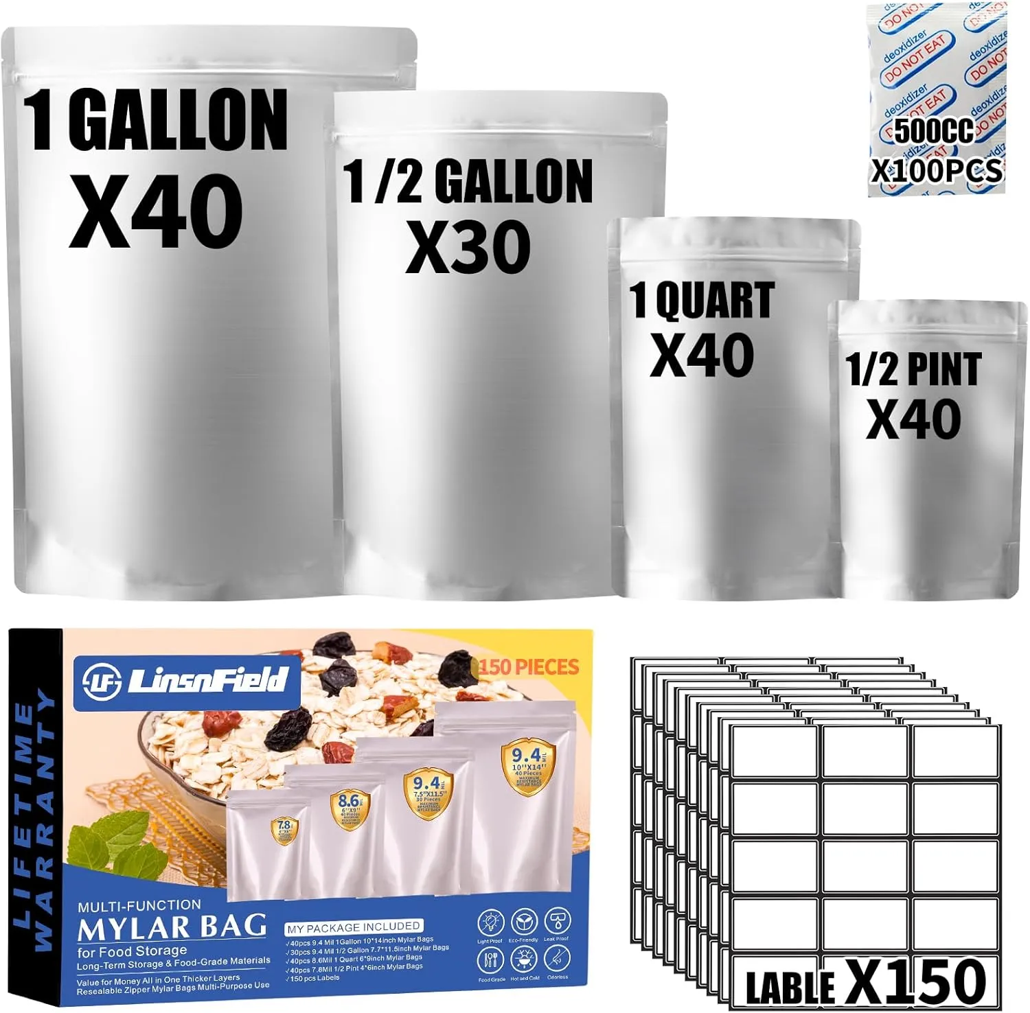 150PCS Mylar Bag Bundle, 4 Multi-Size Pouches(9.4Mil), 100x500cc Oxygen Absorbers, 150 Labels, Heat Sealable, Food Safe, BPA-Free – for Strong, Secure Long Term Food Storage, Silver