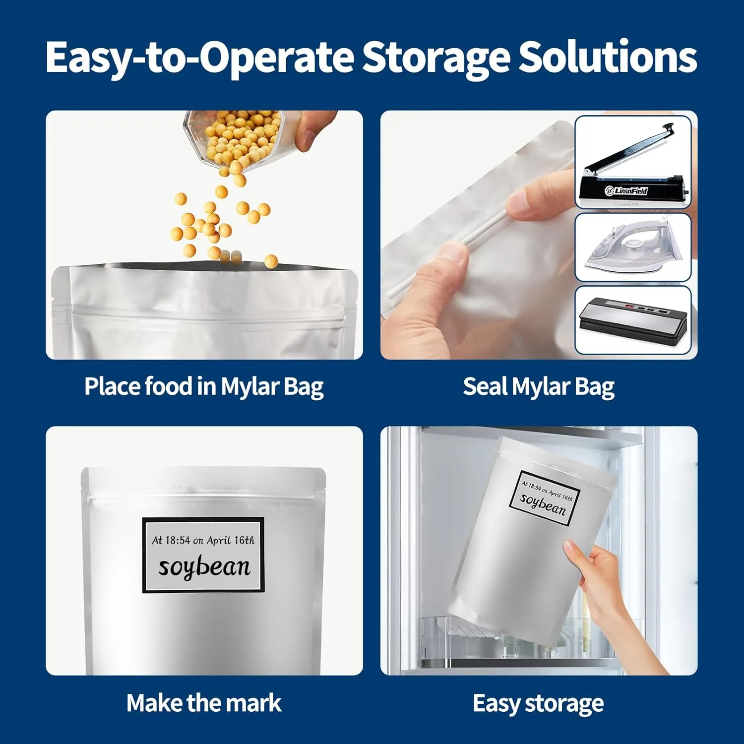 150PCS Mylar Bag Bundle, 4 Multi-Size Pouches(9.4Mil), 100x500cc Oxygen Absorbers, 150 Labels, Heat Sealable, Food Safe, BPA-Free – for Strong, Secure Long Term Food Storage, Silver
