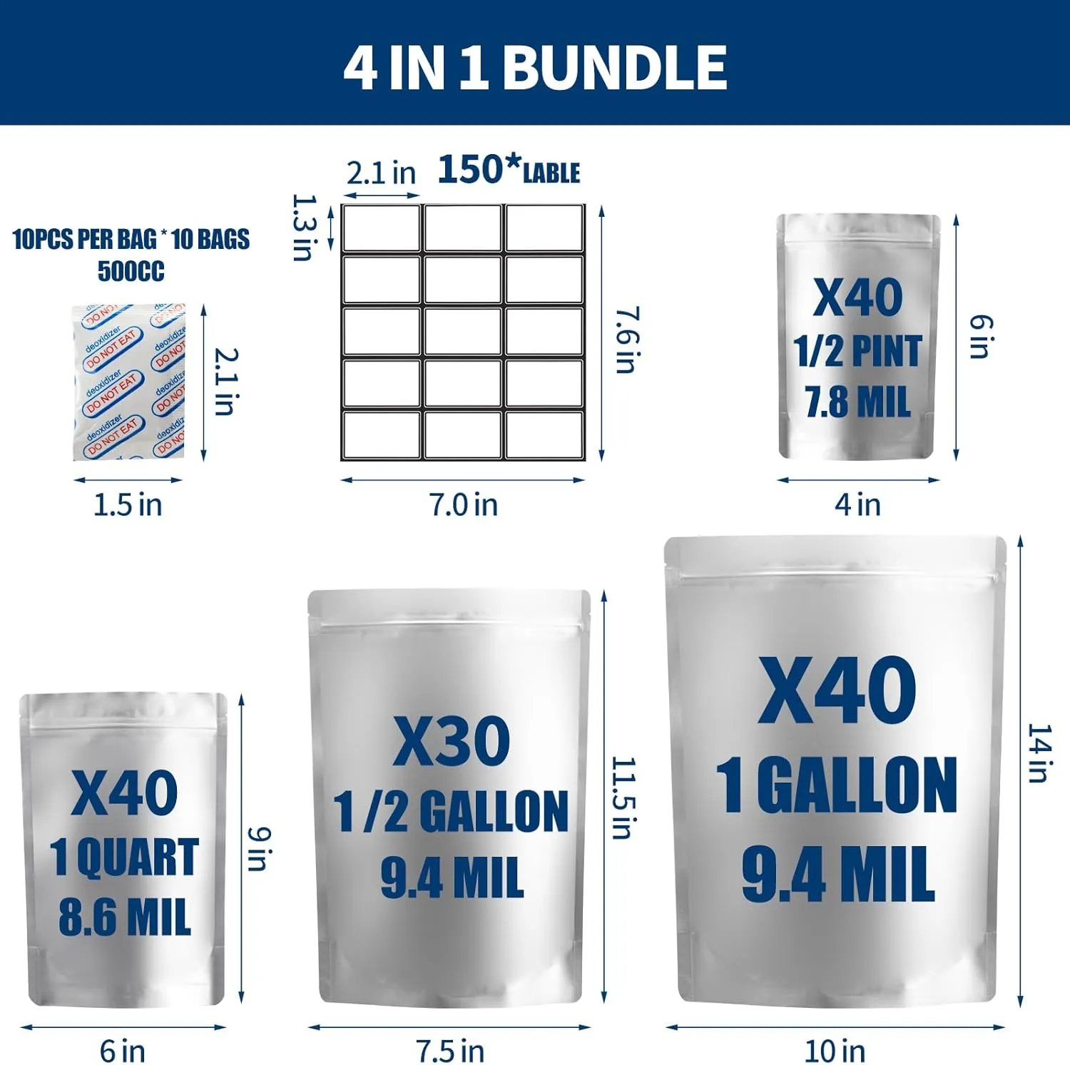 150PCS Mylar Bag Bundle, 4 Multi-Size Pouches(9.4Mil), 100x500cc Oxygen Absorbers, 150 Labels, Heat Sealable, Food Safe, BPA-Free – for Strong, Secure Long Term Food Storage, Silver