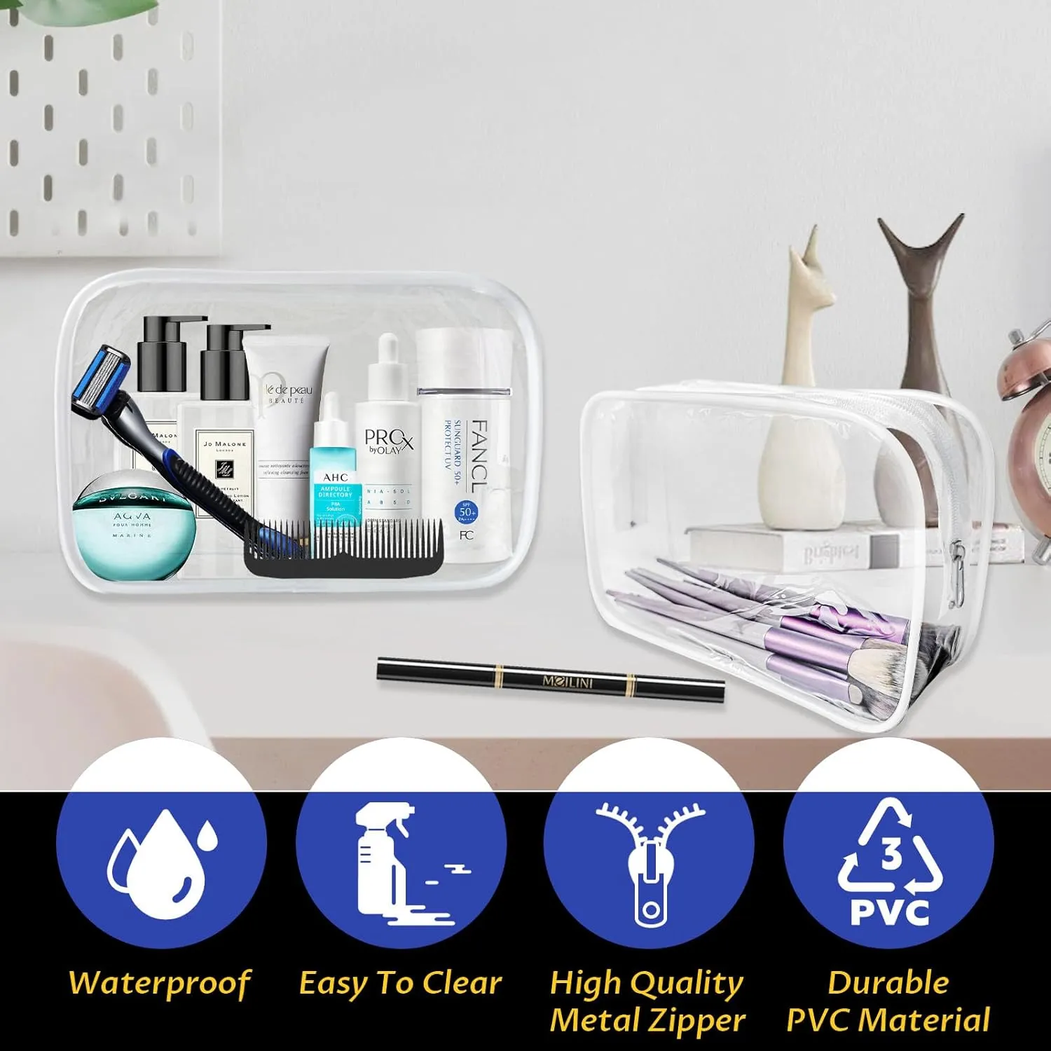 16 Pieces Clear Makeup Bags Bulk, TSA Approved Toiletry Bag for Travel, PVC Waterproof Cosmetic Pouches Clear Pouch with Zipper for Men and Women Carry-on Travel Essentials Cosmetic Bags (White-M)