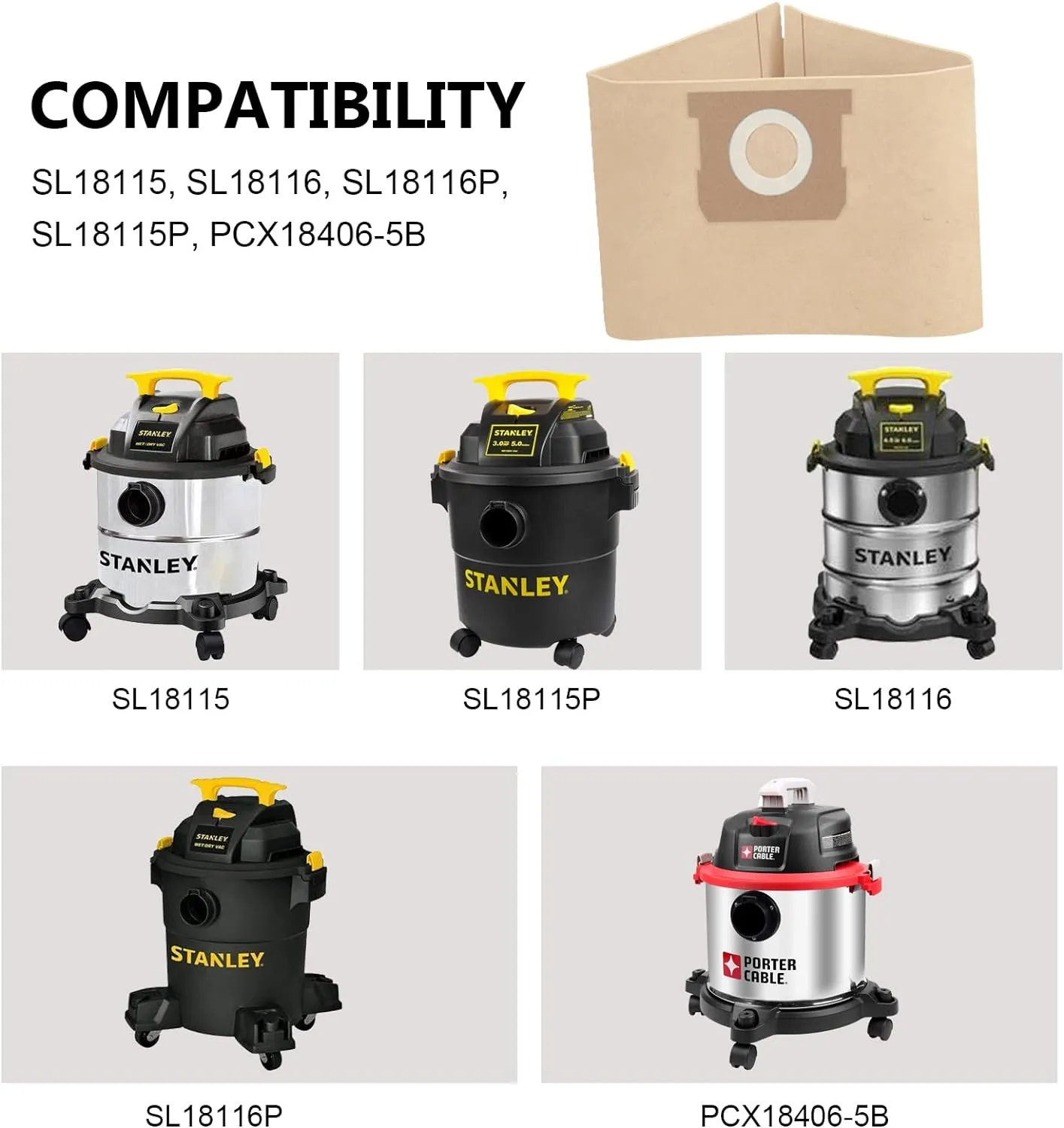 19-3100 Shop Vac Bags Compatible with Stanley 5 to 6 Gallon wet dry vacuum, 6 Pack Disposable Filter Bags and 3 Pack Reusable Filter Bags and 2 Bands