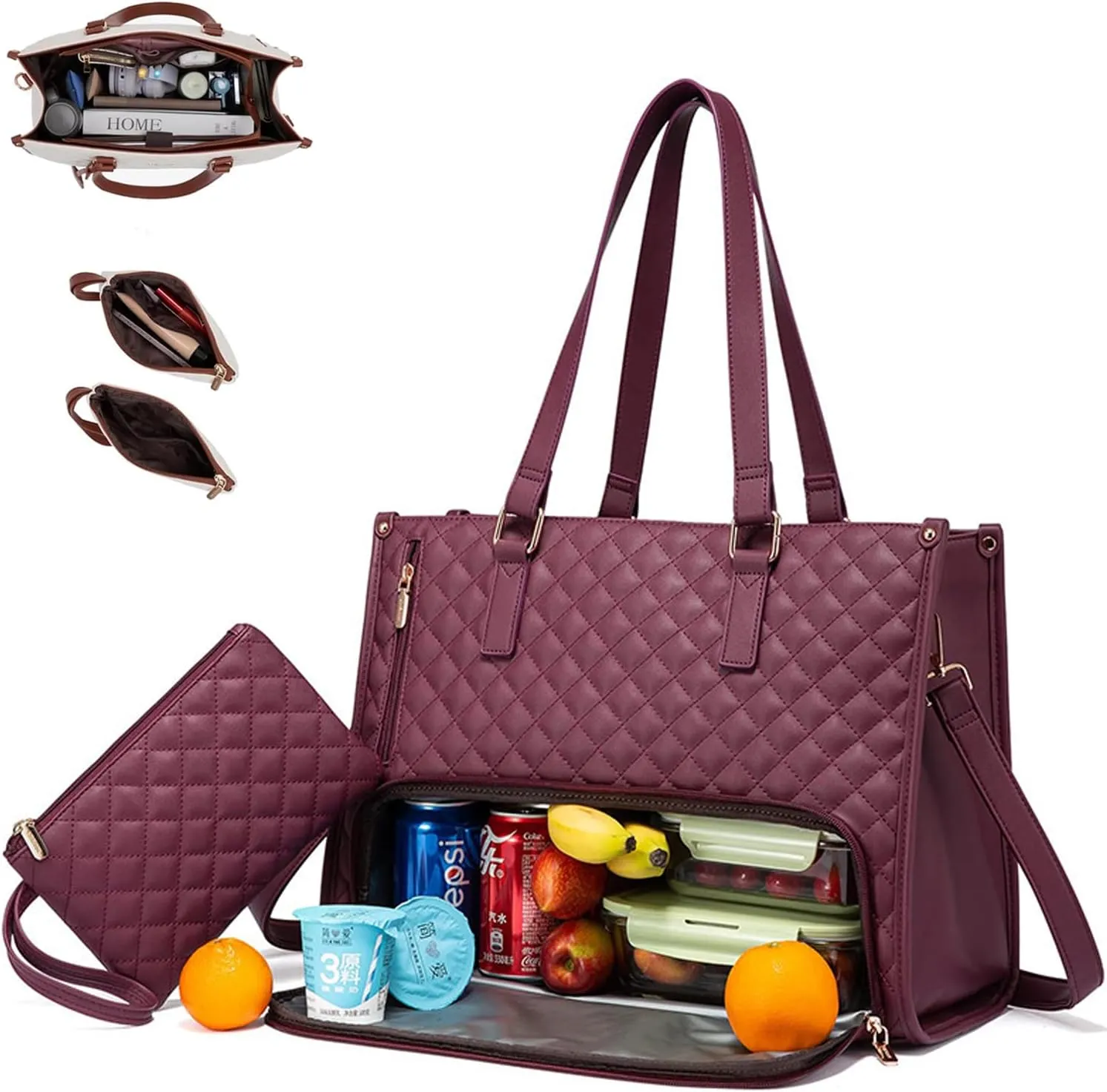 2 In 1 Tote Bag Lunch Bag Combo, Lunch Tote Bags for Women with Lunch Compartment, The Ultimate 2-in-1 Tote Bags (Burgundy)