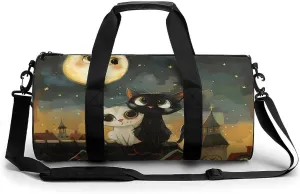 2 Love Cats Sitting on Roof in Old Town Lightweight Gym Bag for Men Women Travel Duffel Bag Sports Workout Bag with Adjustable Strap