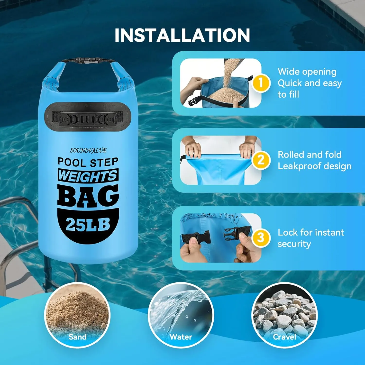 2 Pack 25lb Heavy Duty Pool Ladder Weights, Universal Above Ground Pool Step Sand Bags with Handles, 500D PVC Durable Waterproof & Foldable Sandbags for Swimming Pool Stairs (Sky Blue)