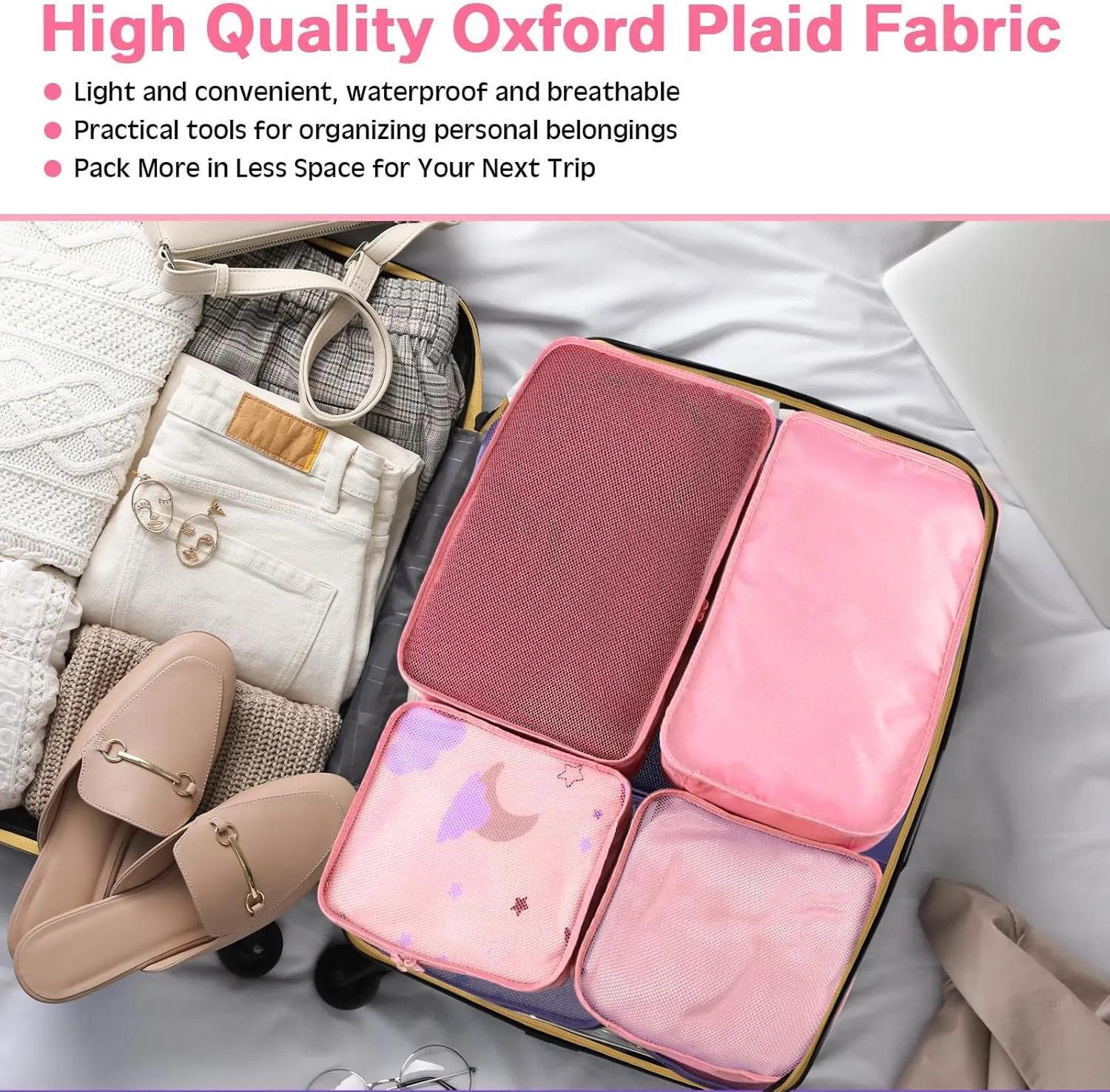 2 Packs 6 Set Travel Packing Cubes Luggage Organizer Set Lightweight Suitcase Organizer Bags with Shoe Bag Travel Packing Organizers for Clothes Cosmetic Toiletries Travel Accessories
