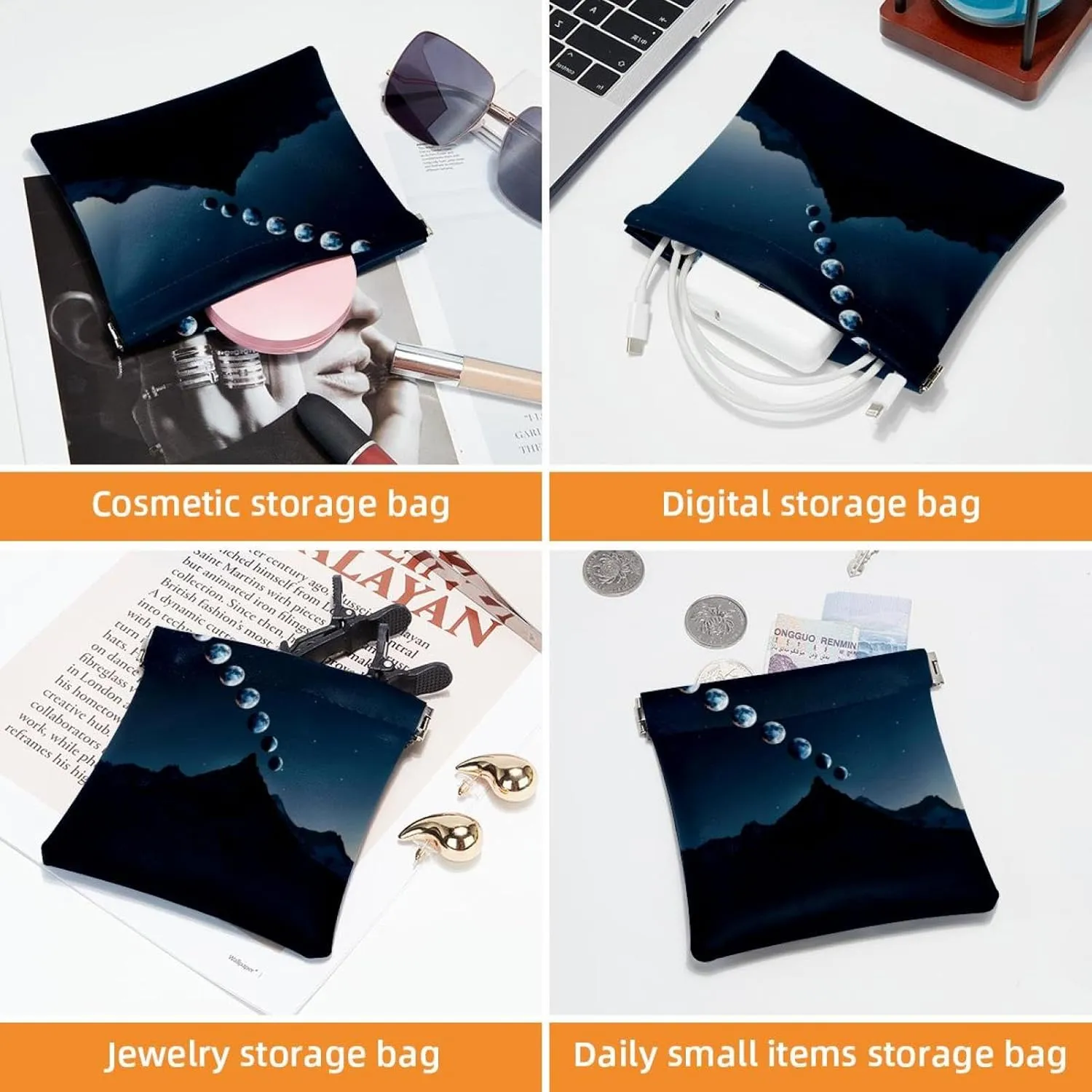 2 PCS Faux Leather Makeup Bag for Purse, Small Travel Kit Storage Pouch, Portable No Zipper Makeup Pouch, Mini Makeup Pouch for Lipstick, Night Mountain Moon Phases