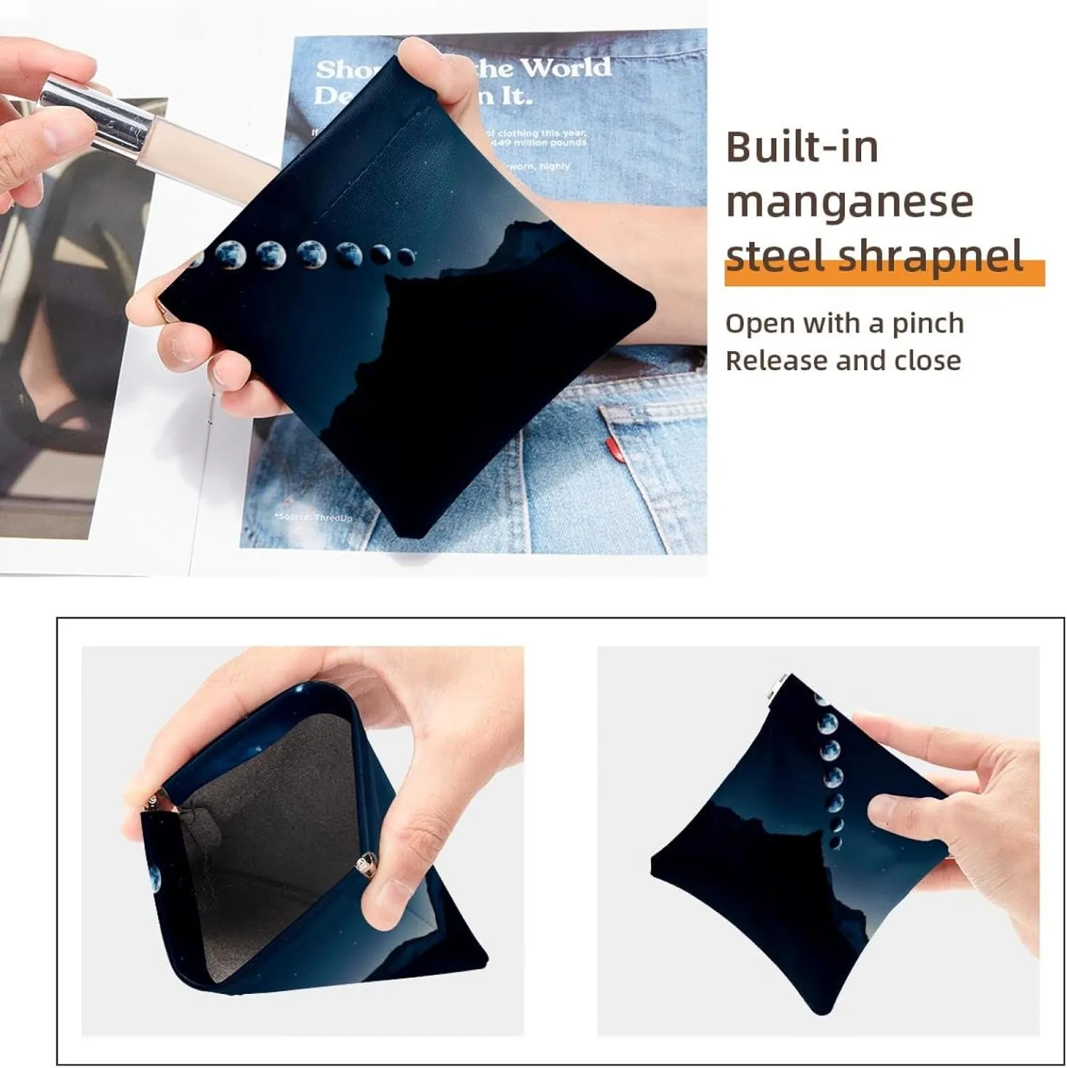 2 PCS Faux Leather Makeup Bag for Purse, Small Travel Kit Storage Pouch, Portable No Zipper Makeup Pouch, Mini Makeup Pouch for Lipstick, Night Mountain Moon Phases