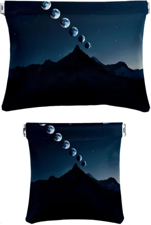 2 PCS Faux Leather Makeup Bag for Purse, Small Travel Kit Storage Pouch, Portable No Zipper Makeup Pouch, Mini Makeup Pouch for Lipstick, Night Mountain Moon Phases