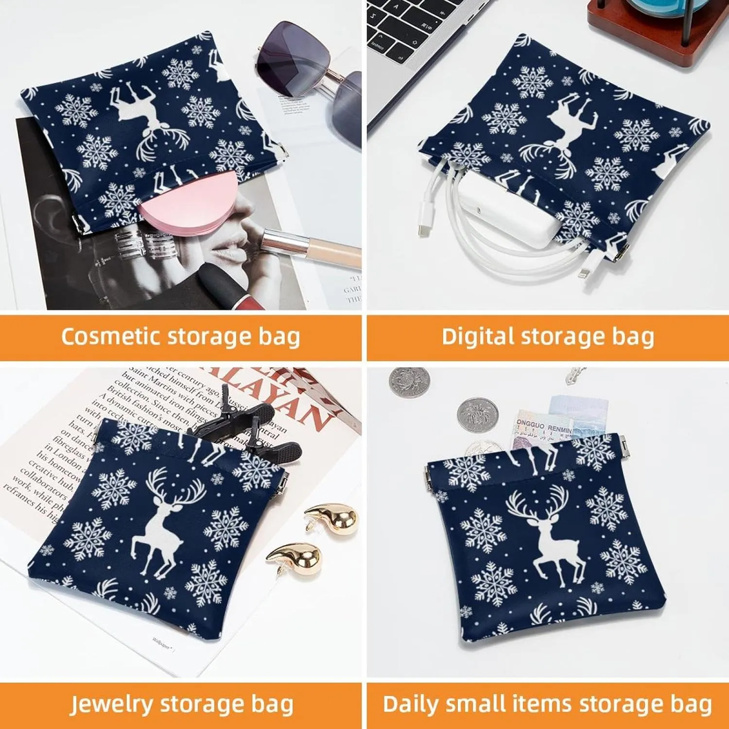 2 PCS Faux Leather Pocket Box, Small Makeup Bag for Purse, Self-Closing Pouches for Purse, Travel Makeup Bag for Cosmetics Jewelry, Christmas Snowflake Elk Gift Blue
