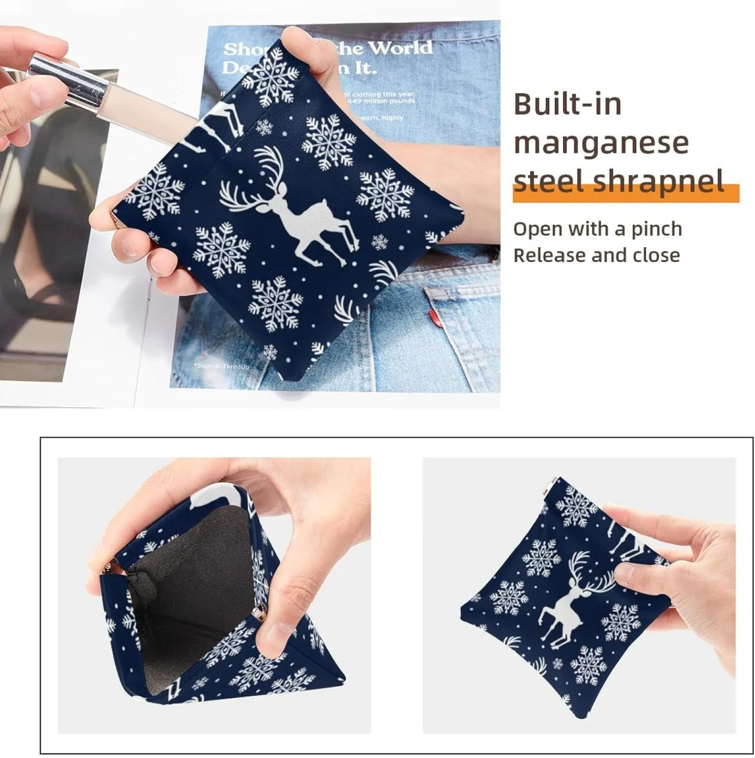 2 PCS Faux Leather Pocket Box, Small Makeup Bag for Purse, Self-Closing Pouches for Purse, Travel Makeup Bag for Cosmetics Jewelry, Christmas Snowflake Elk Gift Blue