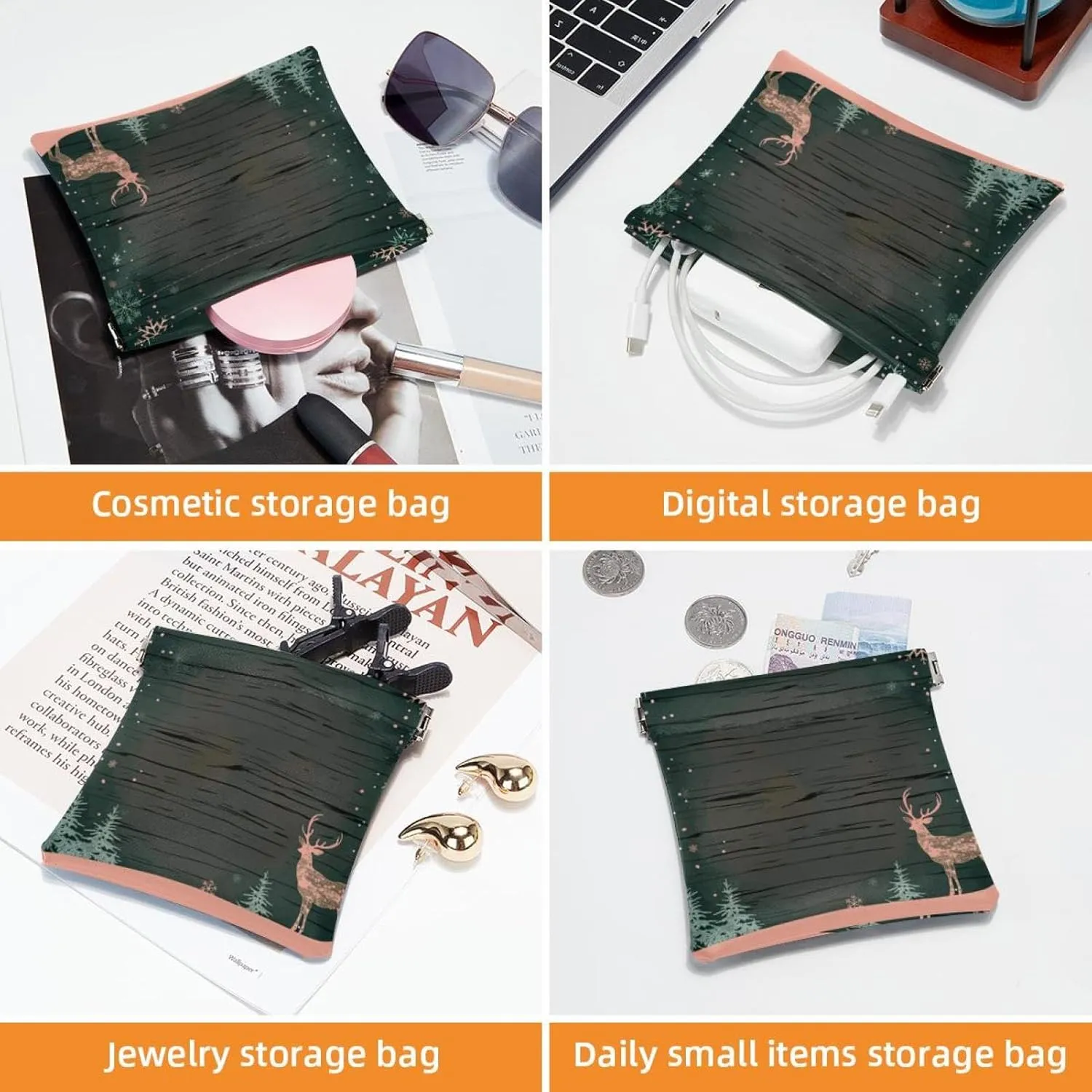 2 Pcs Faux Leather Pocket Cosmetic Bag, Small Storage Bags for Purses, Waterproof Mini Bag Purse, Multi-functional Shrapnel Storage Bag, Christmas Elk