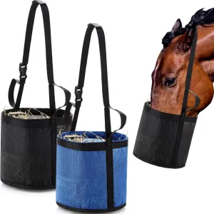2 Pcs Horse Feed Bags for Grain Horse Feed Bucket with Adjustable Strap and Waterproof Bottom for Horse Feeding (Black and Blue)
