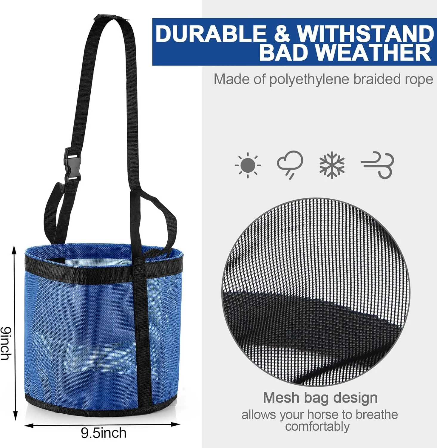 2 Pcs Horse Feed Bags for Grain Horse Feed Bucket with Adjustable Strap and Waterproof Bottom for Horse Feeding (Black and Blue)