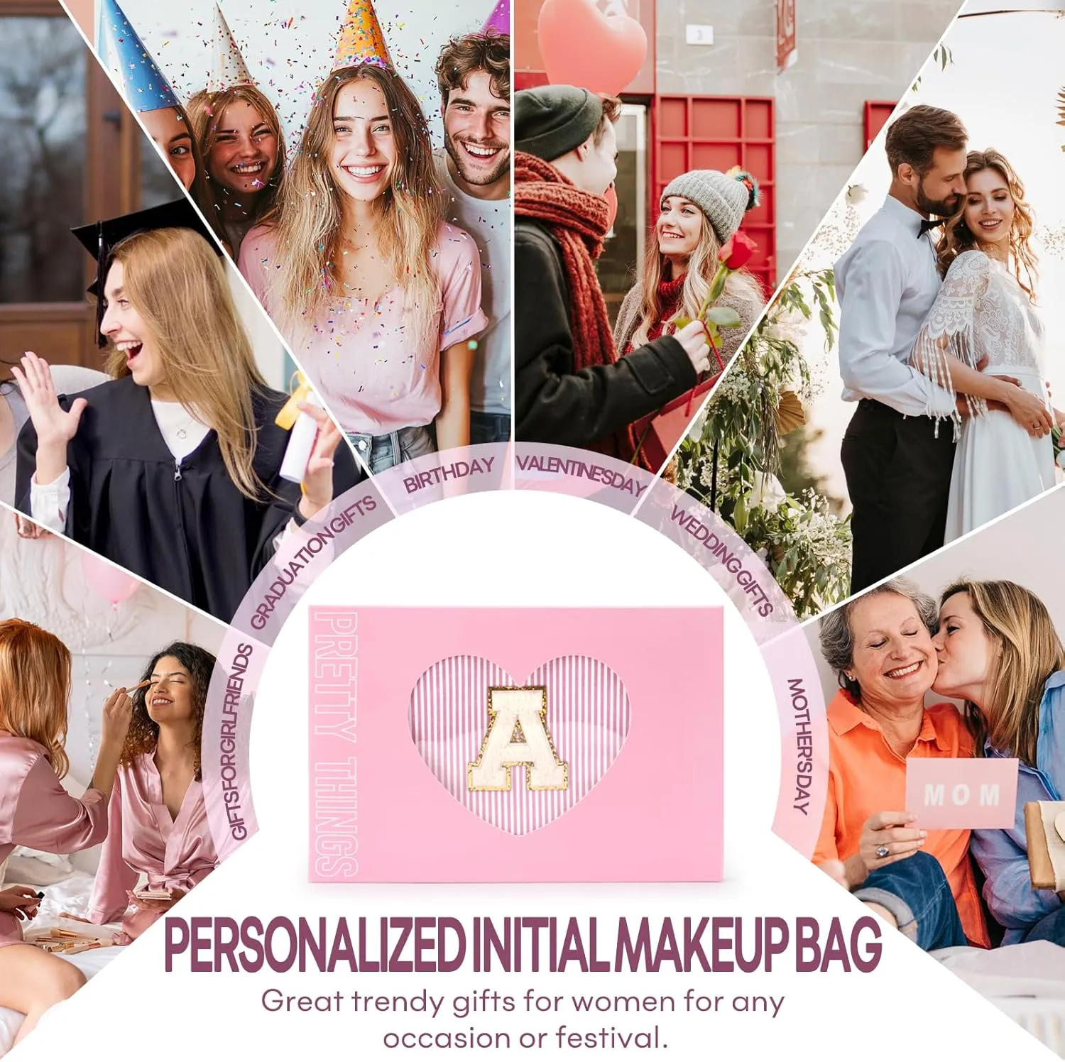 2 PCS Initial Makeup Bags for Women: Cosmetic Bag for Travel Toiletry - Birthday Gifts for 11 12 13 14 15 16 17 18 Years Old Girl Graduation Teacher Gift- Teen Girl Gifts Trendy Stuff - Light Pink A