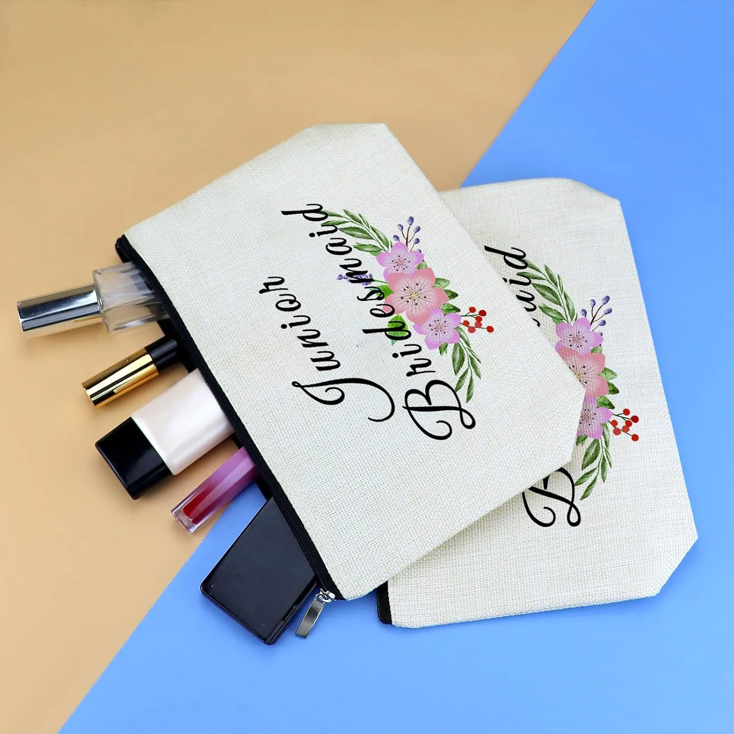 2 Pcs Junior Bridesmaid Gift Makeup Bag Wedding Bachelorette Party Gifts for Bridesmaid Cosmetic Bags Maid of Honor Bag Bridal Party Gifts for Bridesmaids Travel Toiletry Bags Make Up Pouch