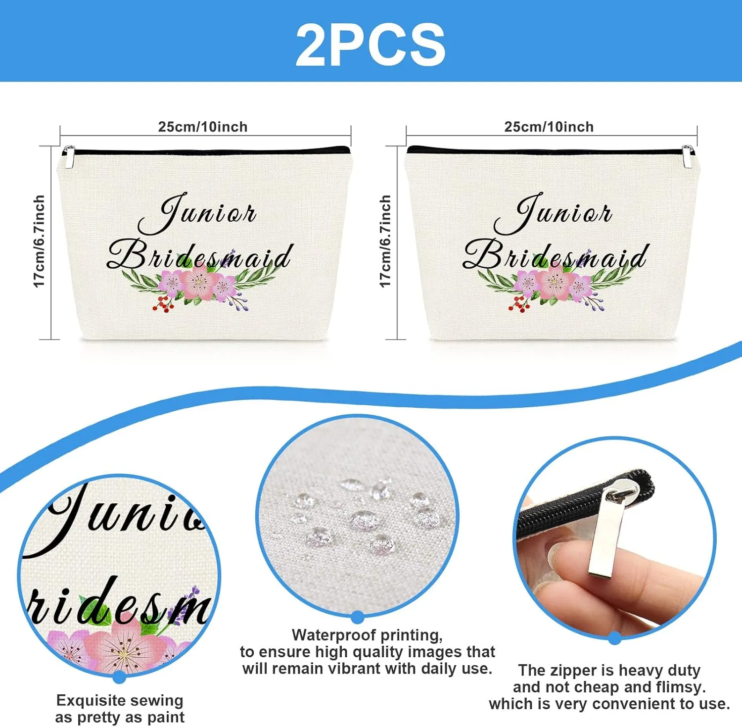 2 Pcs Junior Bridesmaid Gift Makeup Bag Wedding Bachelorette Party Gifts for Bridesmaid Cosmetic Bags Maid of Honor Bag Bridal Party Gifts for Bridesmaids Travel Toiletry Bags Make Up Pouch