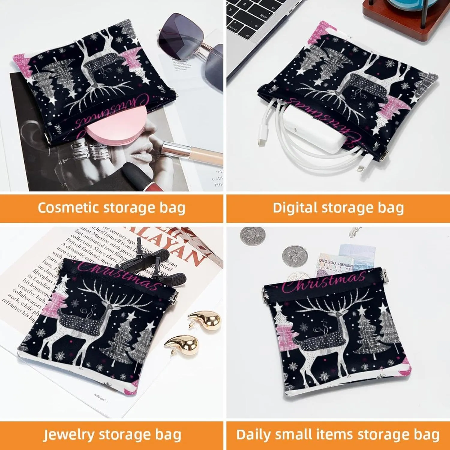 2 Piece Faux Leather Makeup Bag Set, Small Makeup Pouch for Purse, Portable Travel Makeup Bag for Women, Portable Squeeze Top Cosmetic Bag, Christmas Elk Tree Snowflake